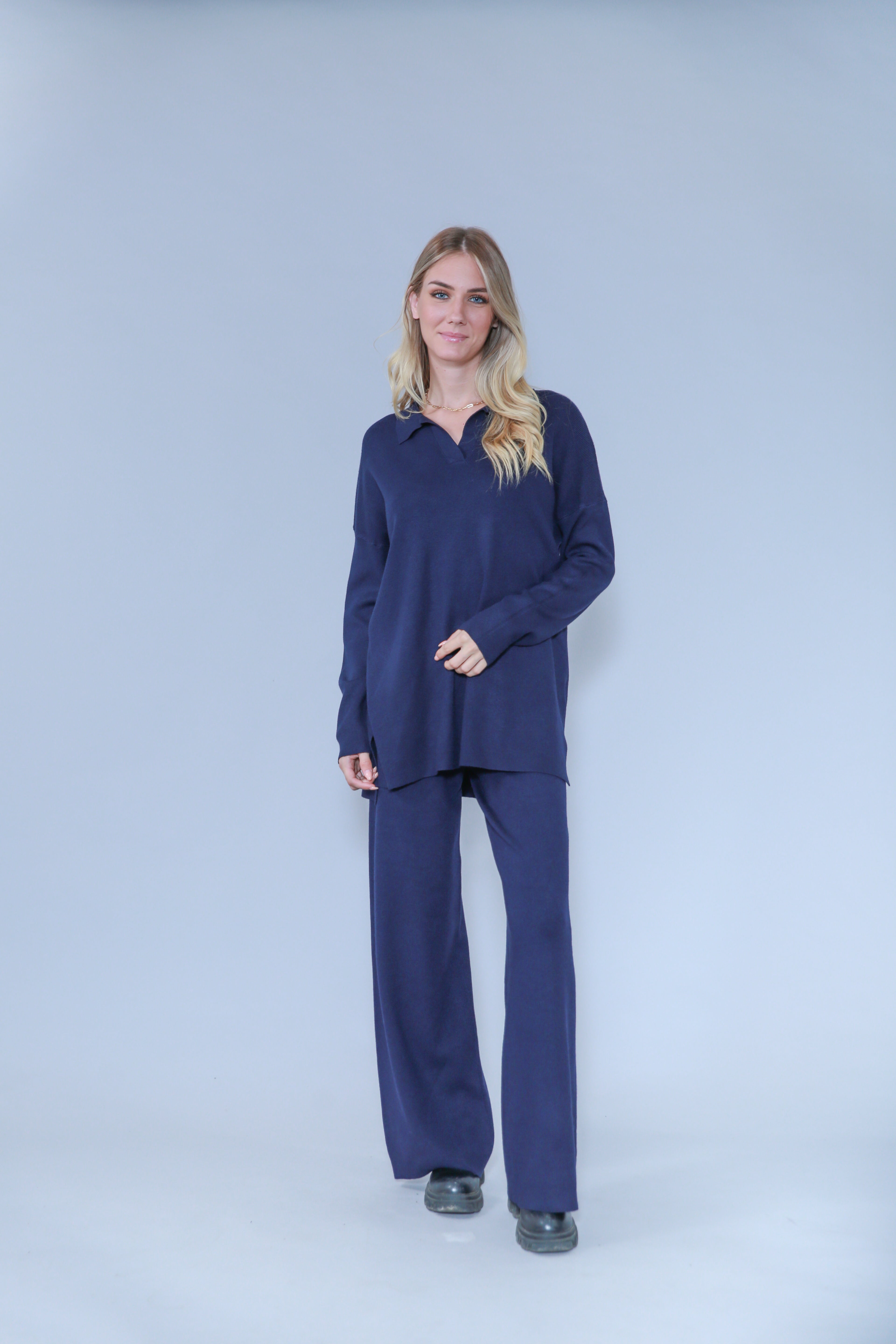 ENSEMBLE EN MAILLE PULL COL POLO & PANTALON UNIS