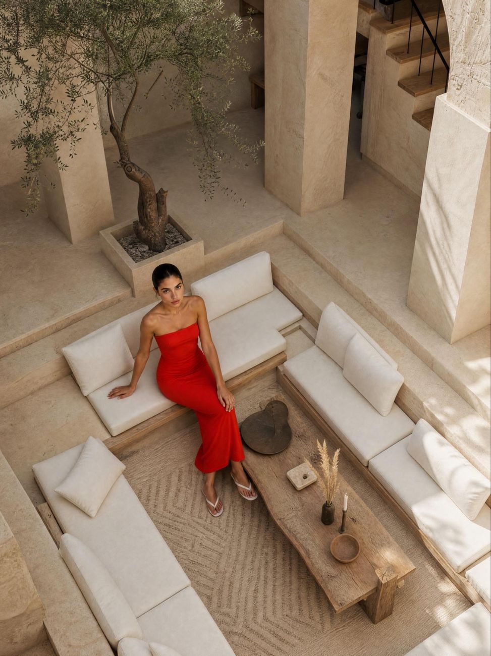 Robe bandeau rouge, patio